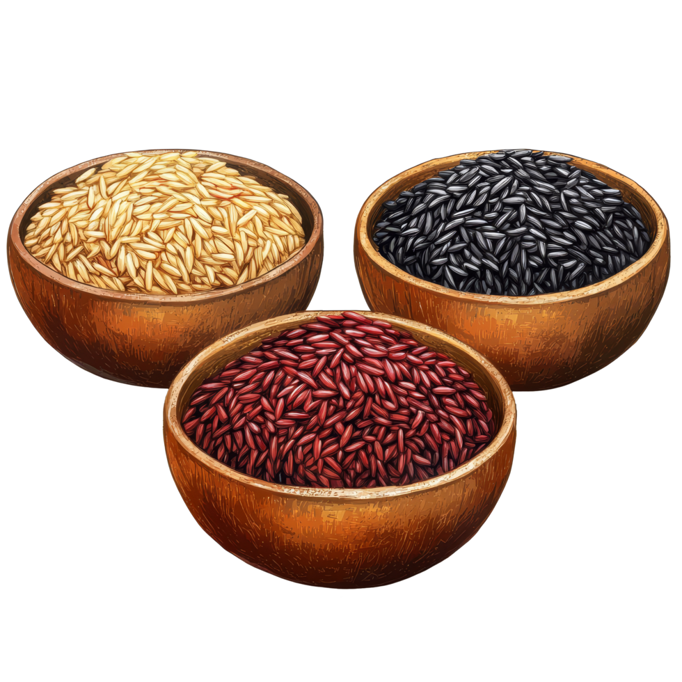 A colorful display of three types of rice in wooden bowls on a neutral background for culinary enthusiasts, Three types of rice in bowls basmati rice, red rice and black rice png