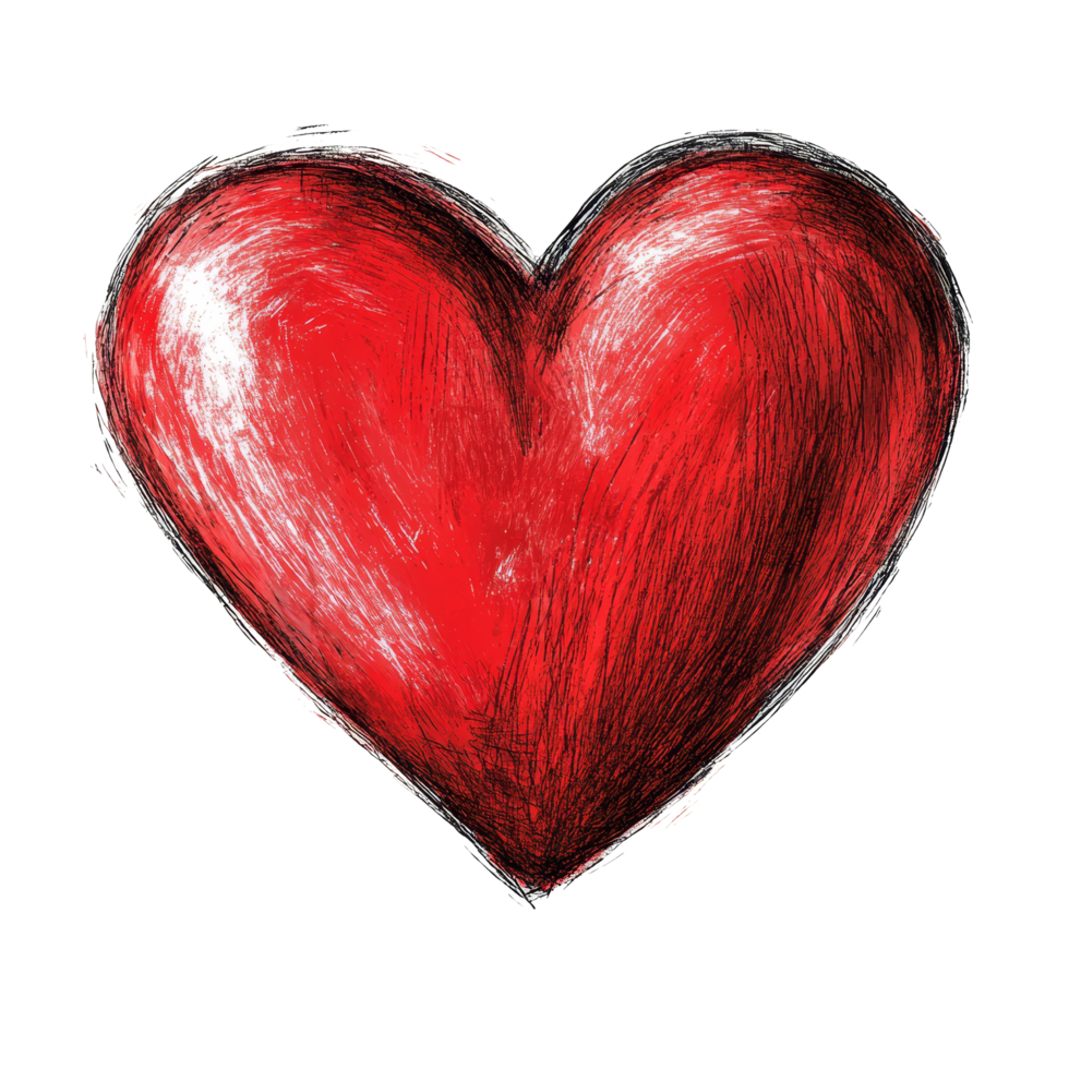 Handdrawn red heart sketch isolated on a clean transparent background for creative and artistic purposes, red hand drawn scetch heart isolated on transparent background png
