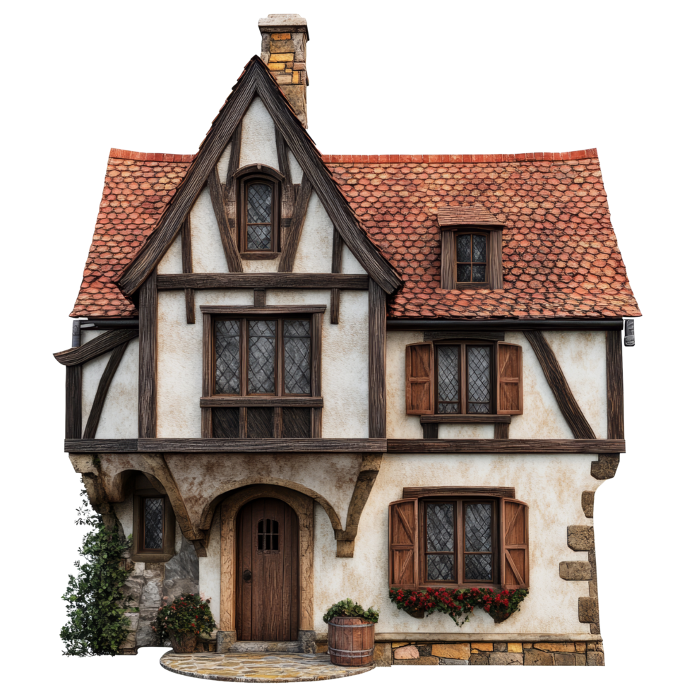 Charming medieval European house with a sloped roof set against a clean transparent background, medieval house European isolated on transparent background png