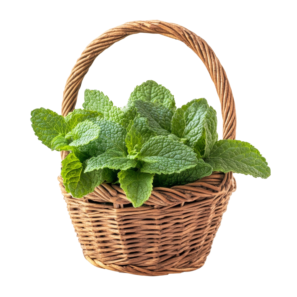 Fresh mint leaves in a woven basket against a bright transparent background for culinary use and decoration, mint leaf in the basket on transparent background png