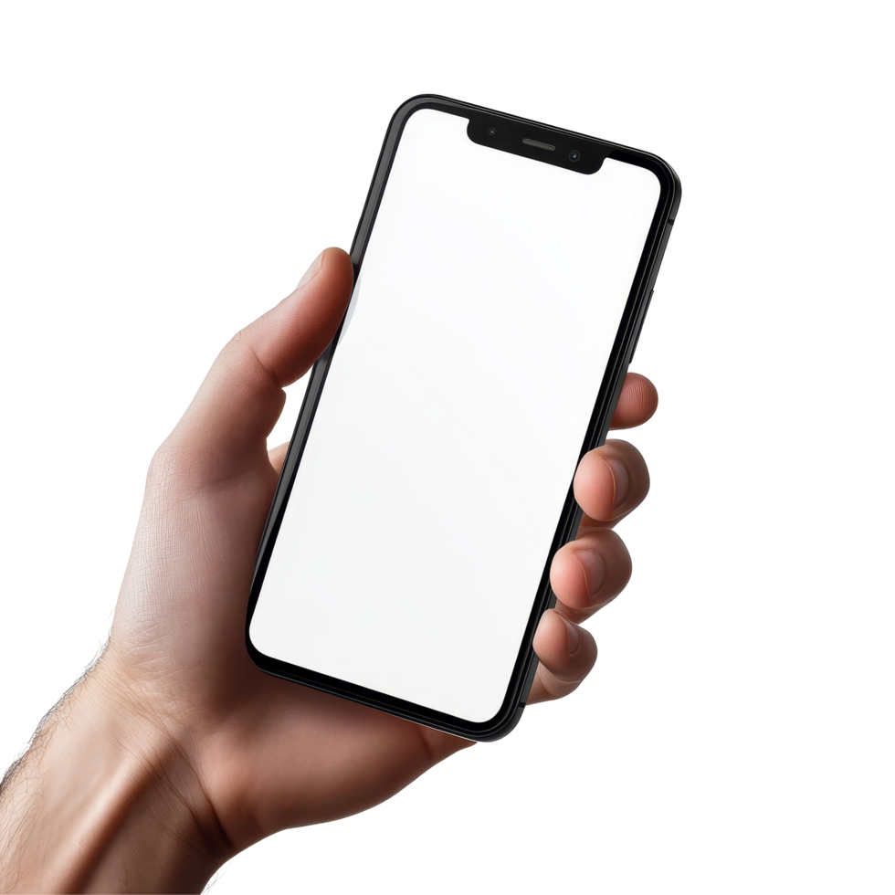 A person holding a smartphone mockup with a blank screen for showcasing digital designs and applications, Mobile phone mockups, smartphone screen mock up frame in hand isolated on transparent png