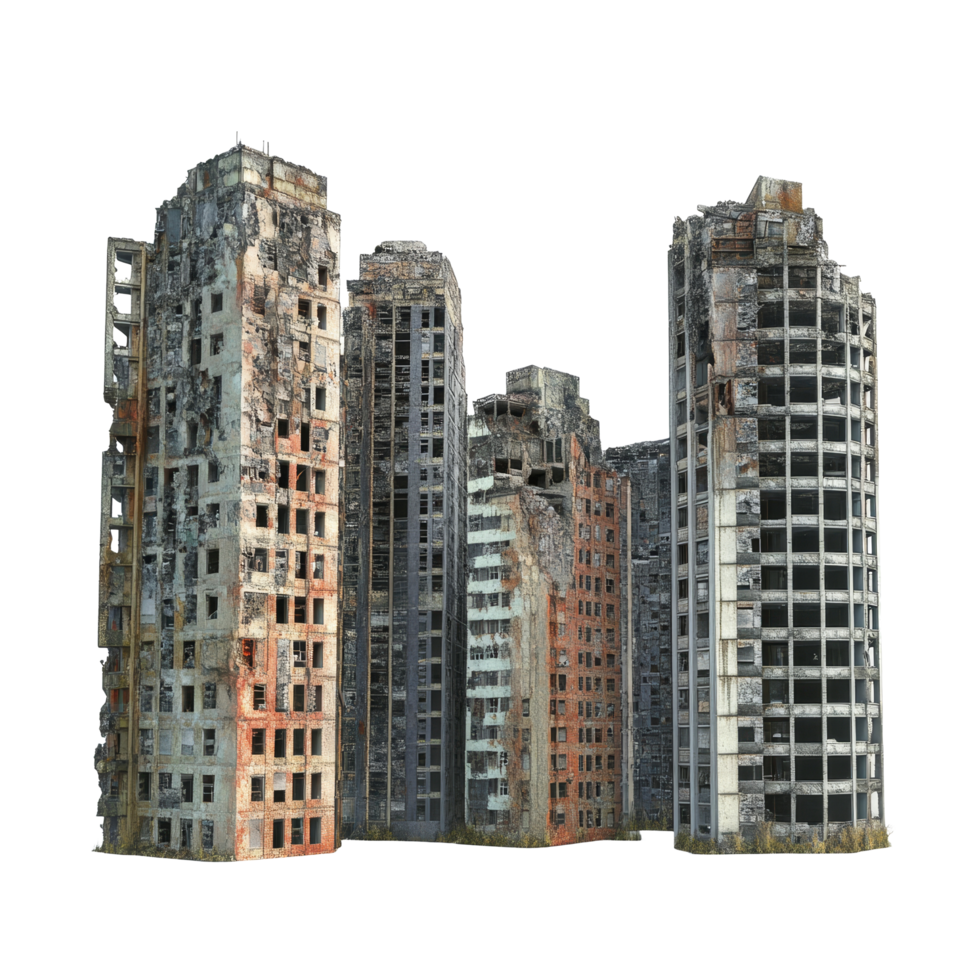 Ruined skyscraper buildings standing isolated against a stark transparent background showcasing urban decay and neglect, Ruined Skyscraper Buildings Isolated on transparent background png