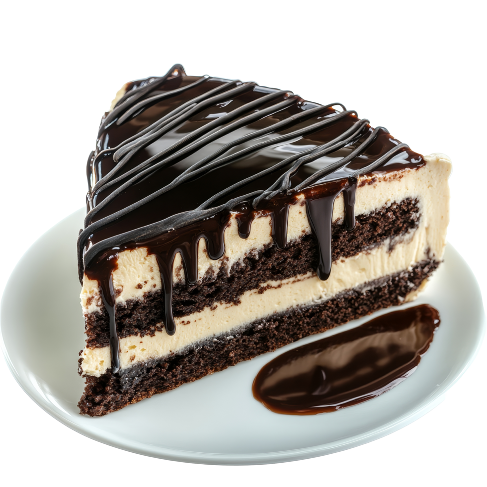 Delicious slice of turtle cake drizzled with rich chocolate syrup served on a transparent plate, Isolated slice of turtle cake with chocolate syrup png