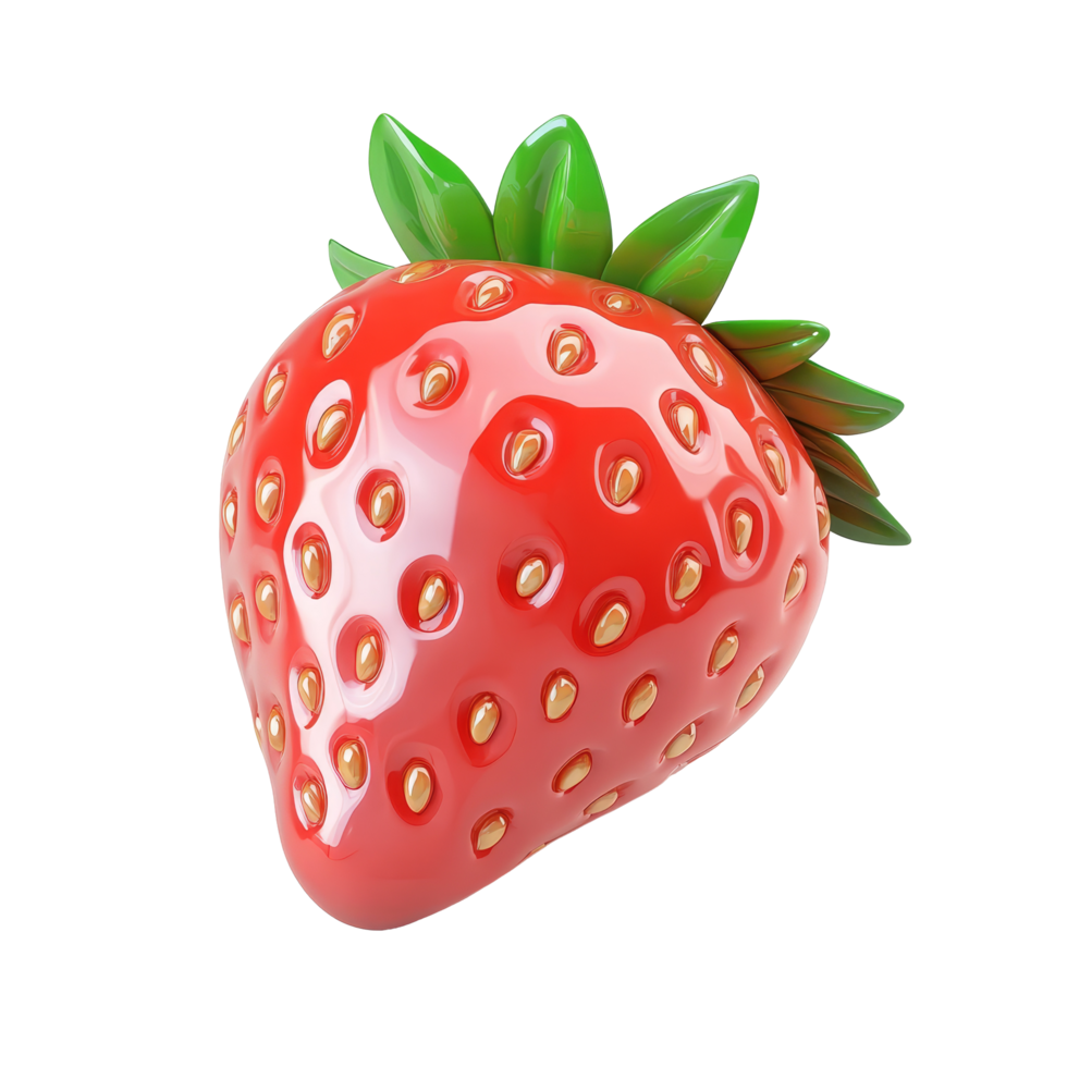 Bright red strawberry fruit icon isolated on a clean transparent background showcasing its glossy texture and green leaves, strawberry 3d fruit icon isolated on transparent background png