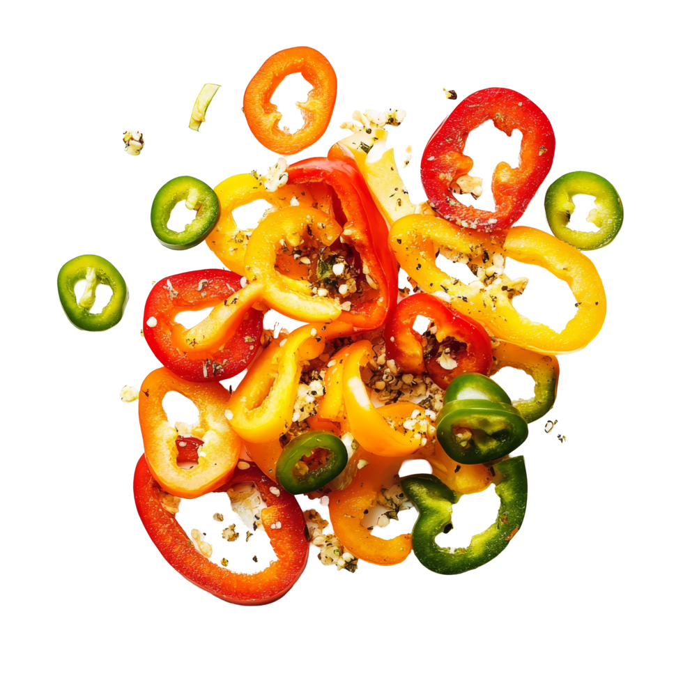 Colorful sliced peppers arranged artistically on a transparent background ready for culinary delight or healthy snacking, pepper sliced on transparent background png