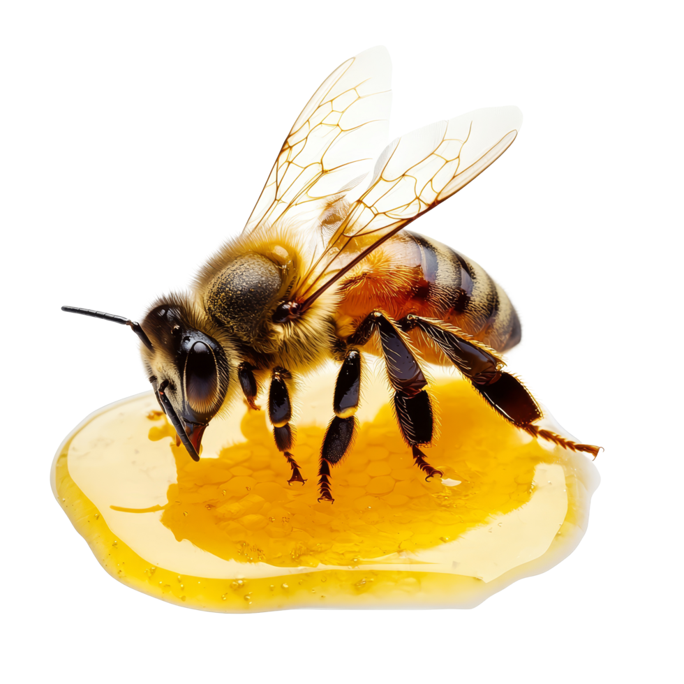 Bee collecting honey on a golden honeycomb droplet against a transparent background, bee and its honey, isolated, transparent background png