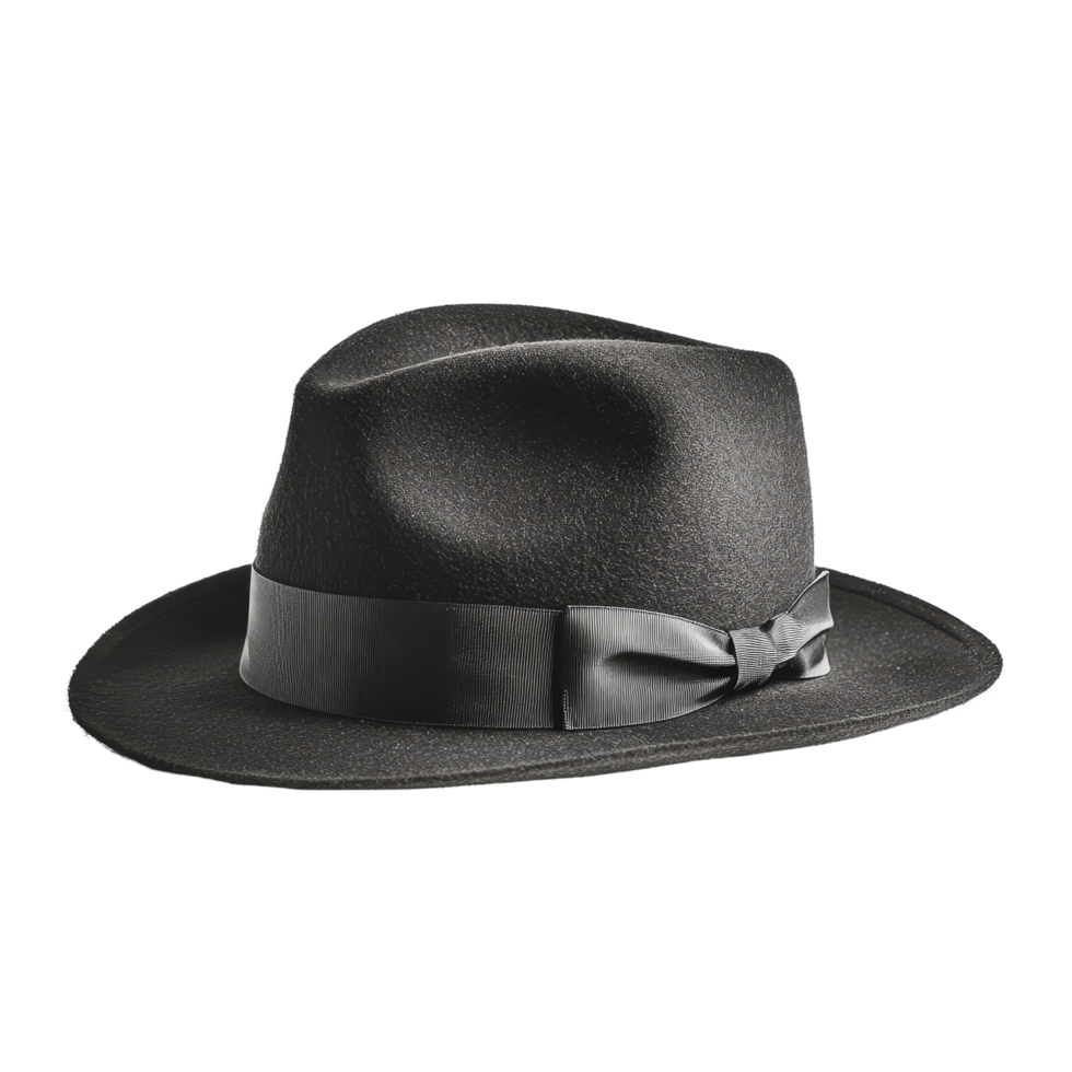 Black felt hat with a satin ribbon on a transparent background ideal for fashion displays or costume styling, hat on transparent backgroundfile png
