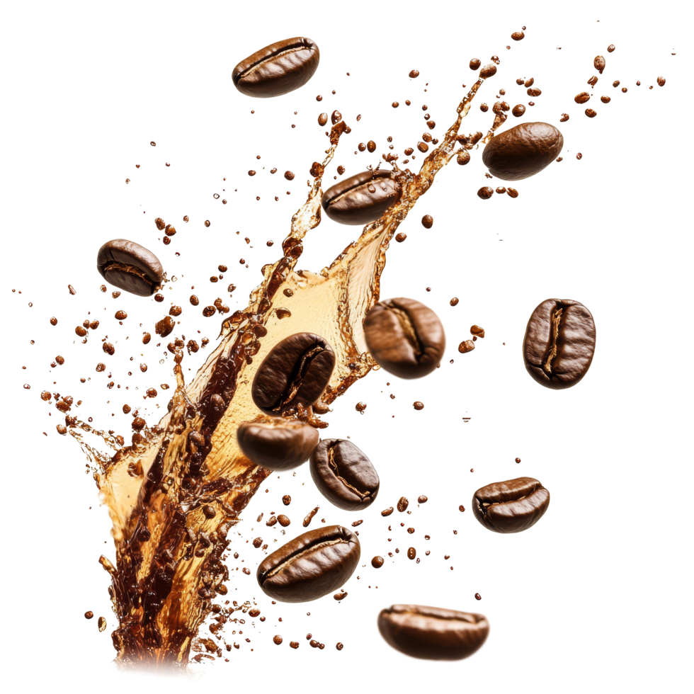 Coffee beans splashing in liquid, showcasing dynamic movement and rich colors against a transparent background, Coffee beans splashing isolated png