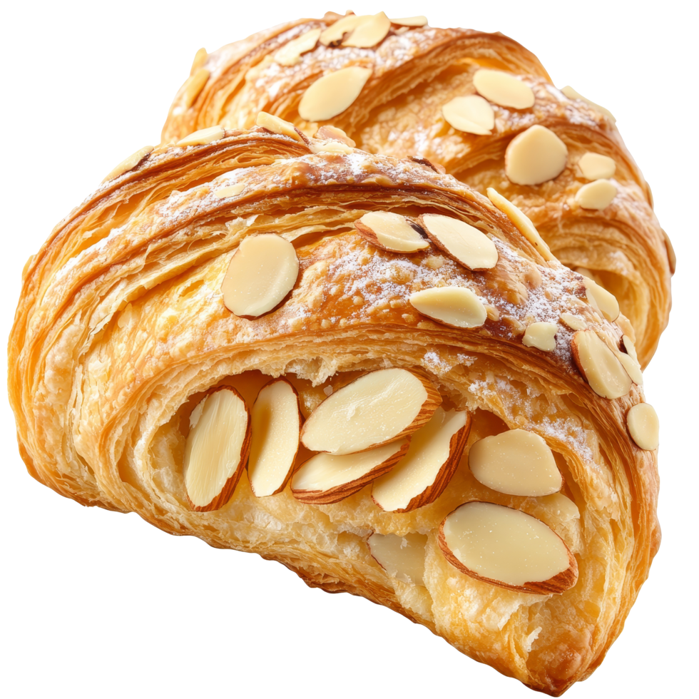 Delicious almond croissant with a golden crust, perfect for breakfast or a pastry treat any time of day, Croissant with sliced almond isolated png