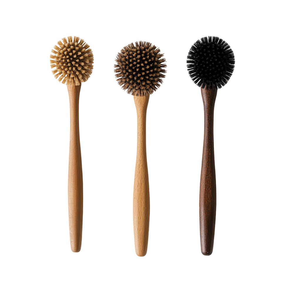 Three minimalist toilet brushes displayed on a plain transparent background showcasing natural wood and bristle textures, Toilet Brushes on transparent background png