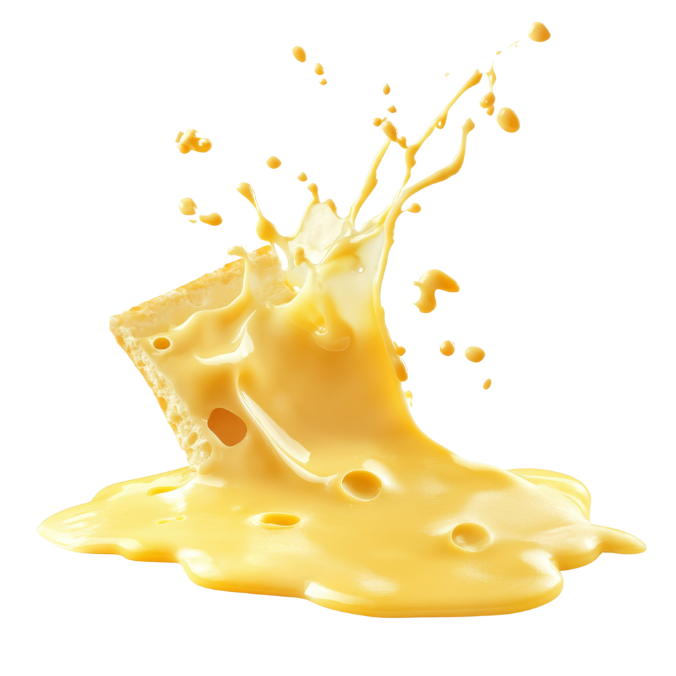 Melting cheese splashes dramatically against a clean transparent background creating a vibrant texture, Splashing Melted Liquid Cheese On transparent background png