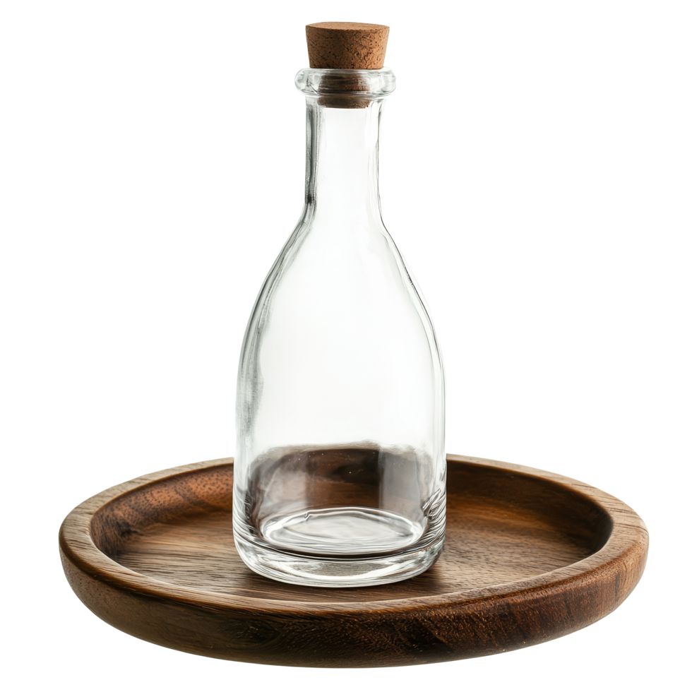 Elegant glass bottle on a wooden tray displayed against a clean transparent background, glass bottle on wooden tray isolated on transparent background png