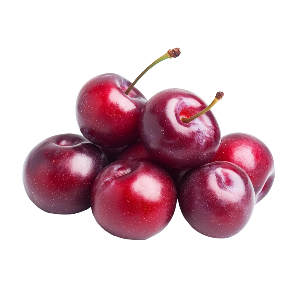 Fresh red cherry plums stacked together on a clean transparent background, highlighting their vibrant color and smooth texture, red cherry plum on transparent background png