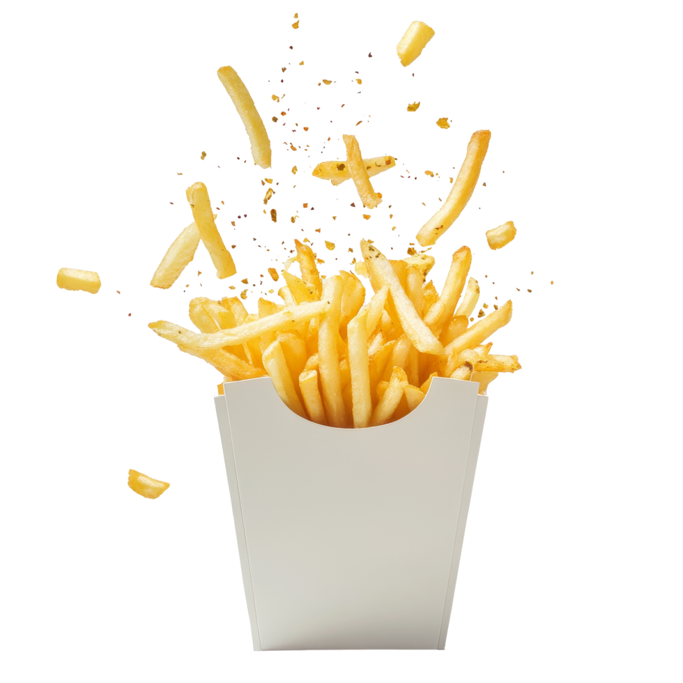 French fries bursting out of a transparent paper box, capturing a moment of crispy delight and playful chaos, French fries splashing out from transparent paper box png