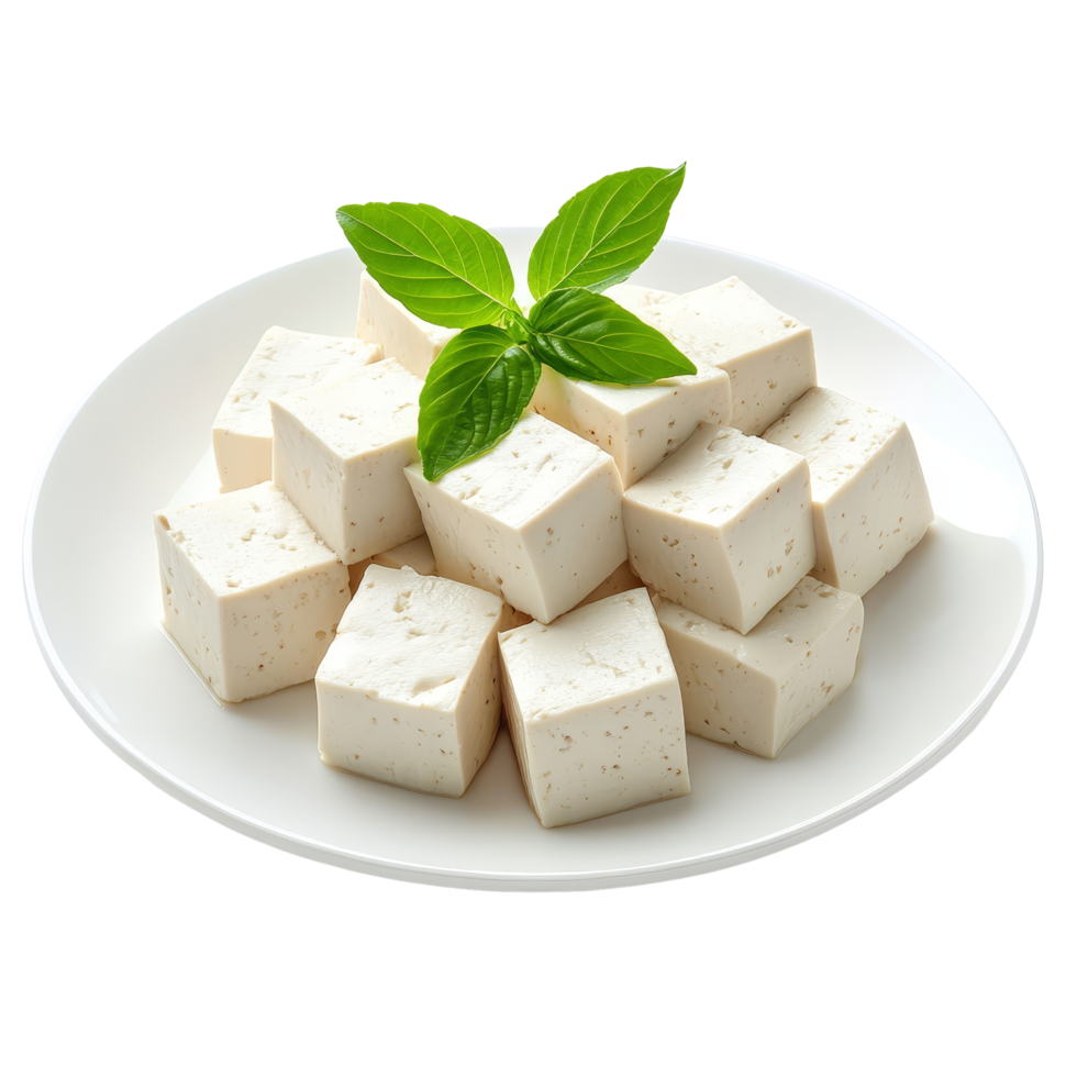 Fresh tofu cubes arranged on a transparent plate with basil leaves on a clean transparent background, tofu in transparent plate isolated on transparent background png