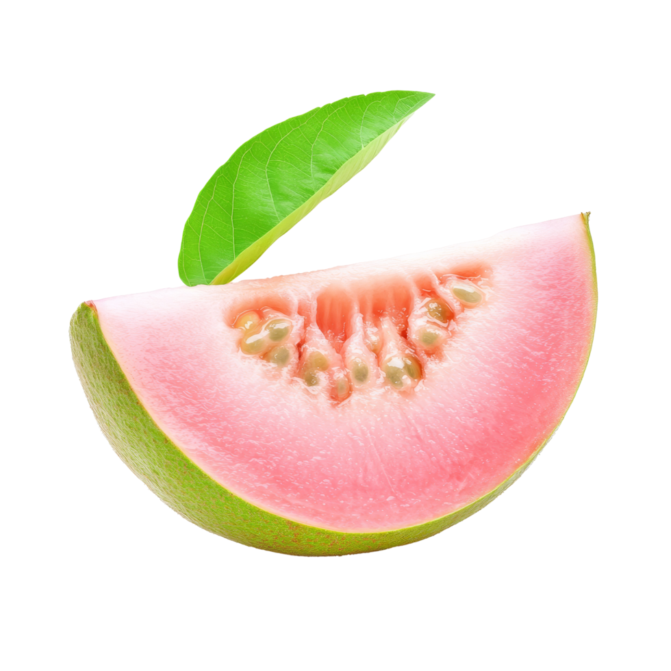 Fresh pink guava slice with green leaf isolated on a clean transparent background for culinary uses, slice pink guava fruit isolated on transparent background png