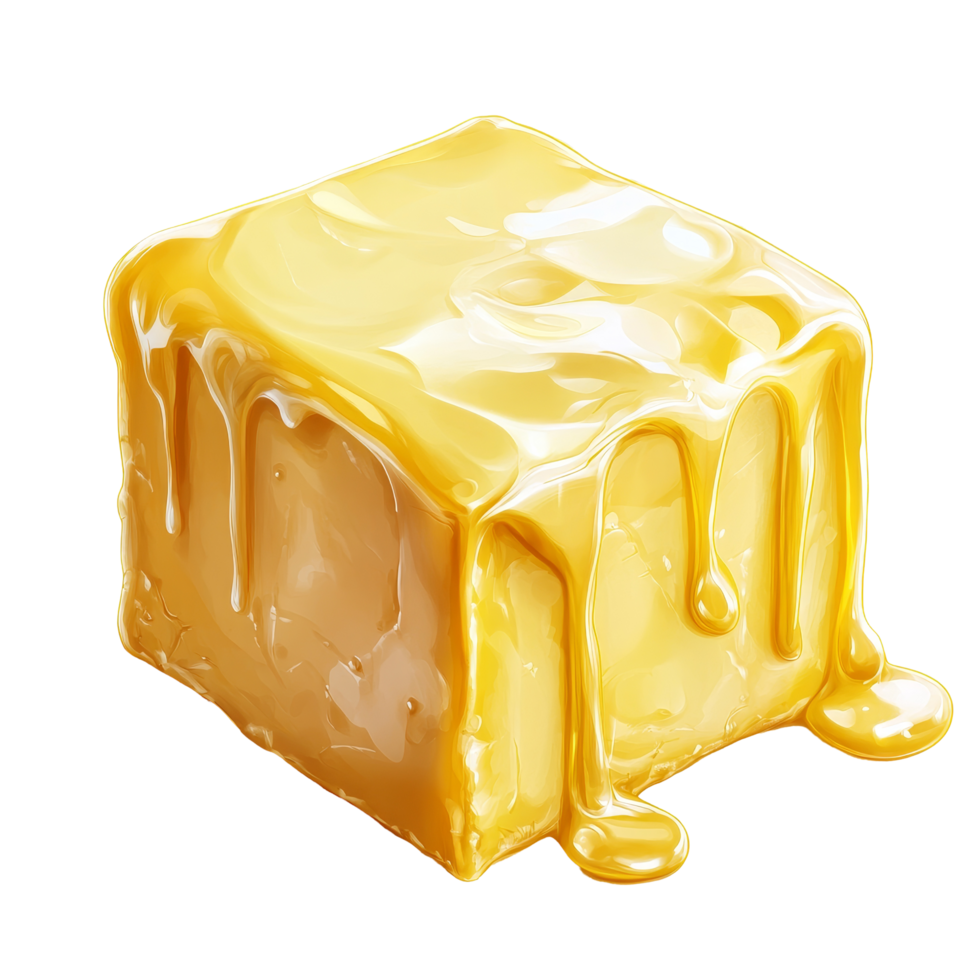 Melted butter cube isolated on a transparent background highlighting its rich texture and golden hue, Cube butter melting isolated png