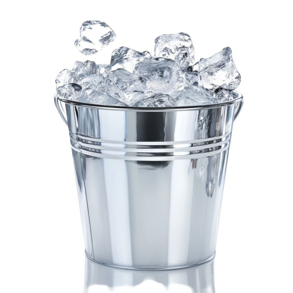 Chilled ice bucket filled with clear ice cubes on a bright transparent background highlighting its sleek design and refreshing appeal, Chilled Ice Bucket on transparent background png