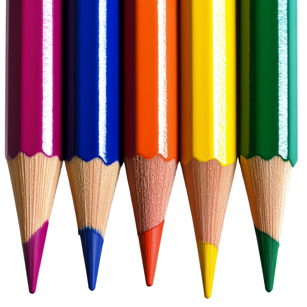 Color pencils arranged in a row on a transparent background showcasing vibrant hues for art projects and creative activities, color pencils isolated on transparent background png