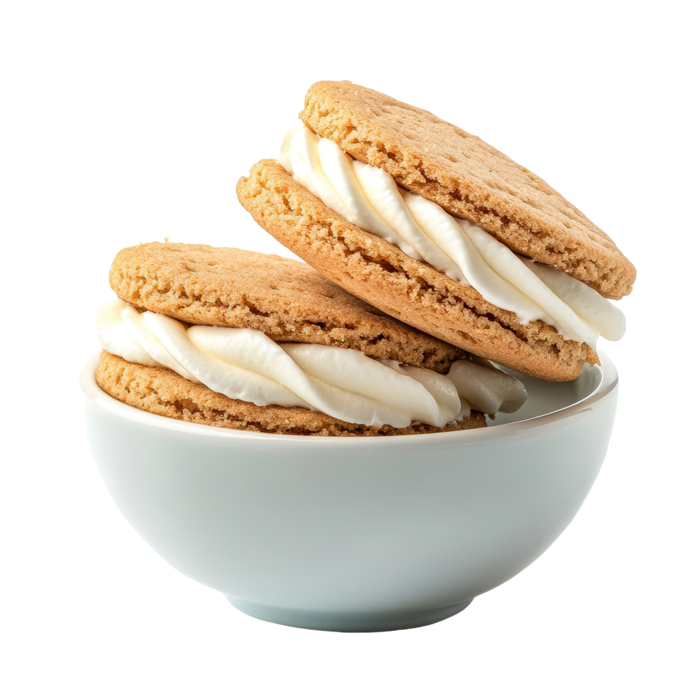 Delicious sandwich cookies with cream filling displayed in a bowl against a clean transparent background, sandwich cookies with cream in bowl on transparent background png