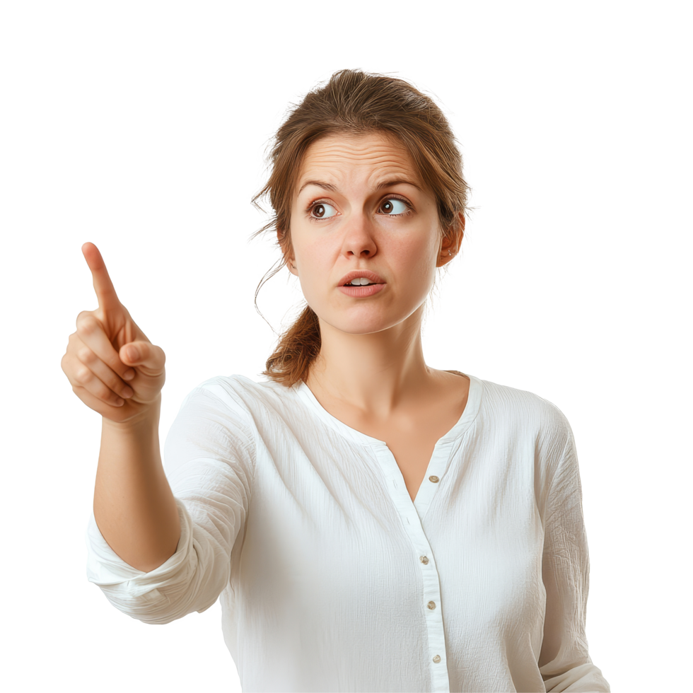 Woman engaging audience with a pointed gesture in a bright, isolated space, conveying focus and attention, woman pointing at something with her fingerisolated on transparent background png