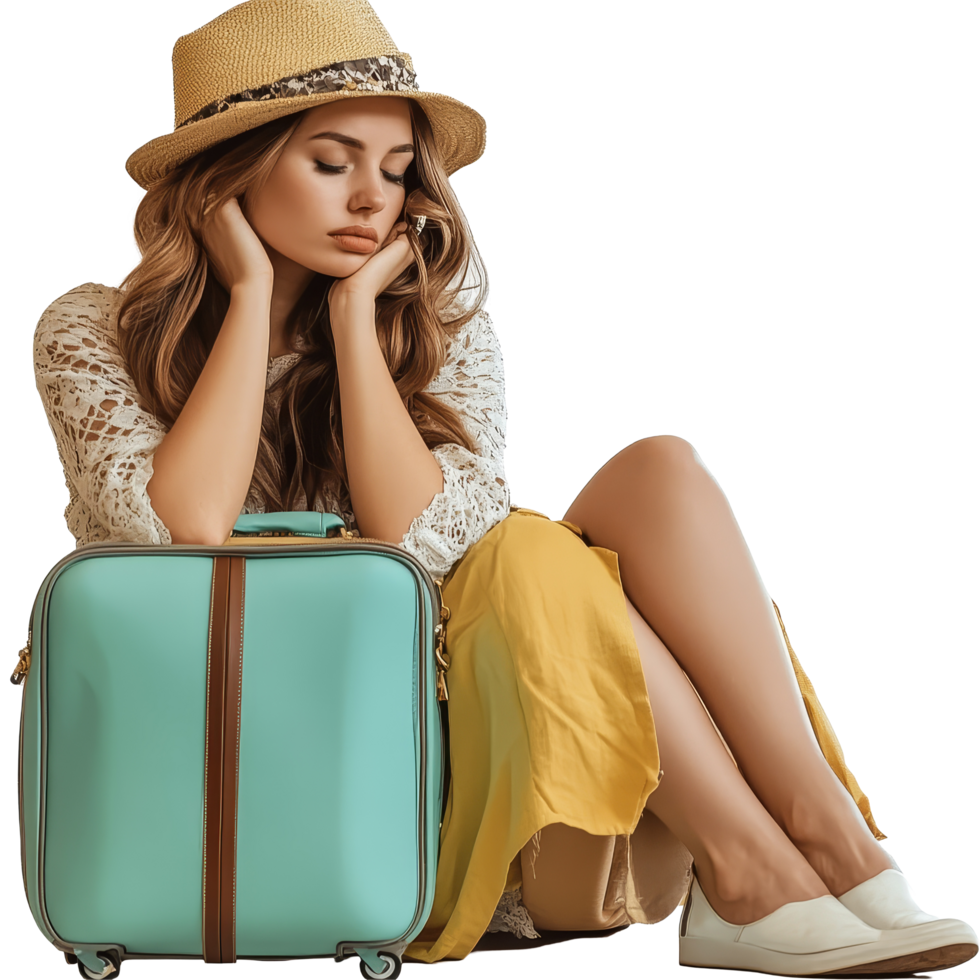 A tired woman sits on the floor with a suitcase, waiting for her travel plans to unfold during the afternoon, file no background Tired woman waiting with a trolley bag png