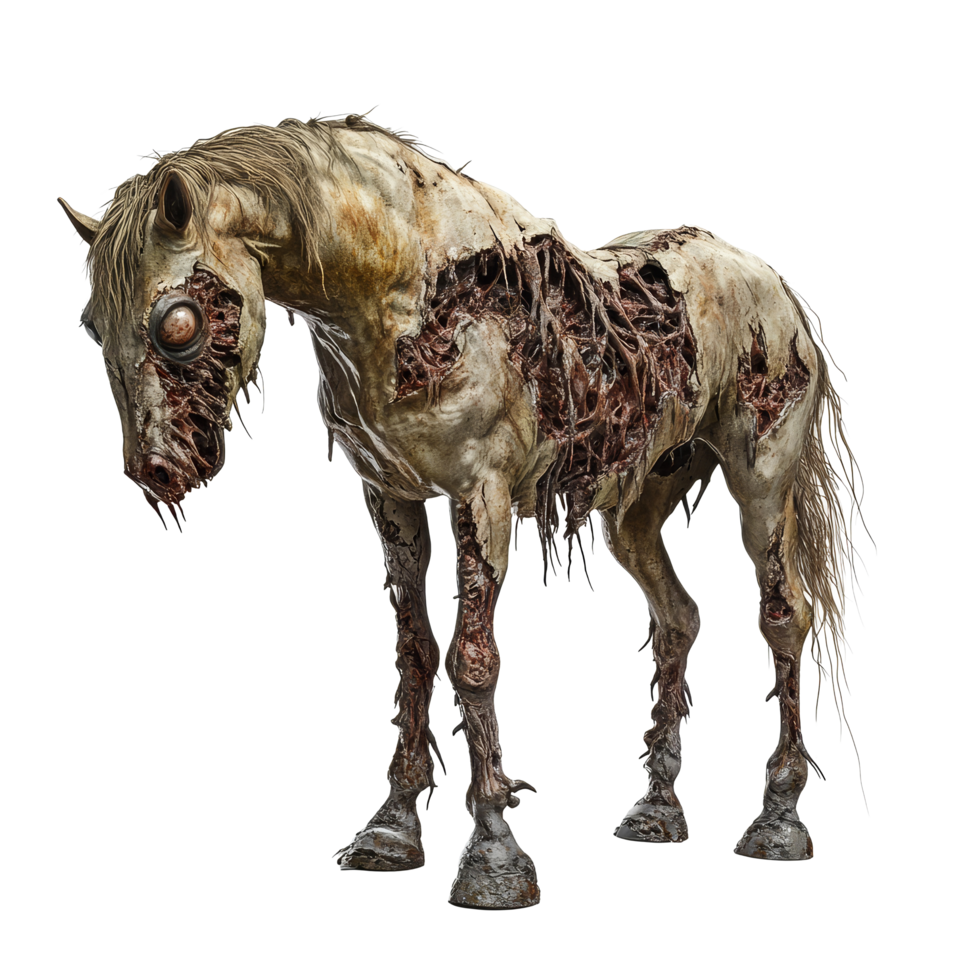 A zombie horse stands isolated against a transparent background, showcasing its eerie and unsettling features, Zombie horse isolated on transparent background png