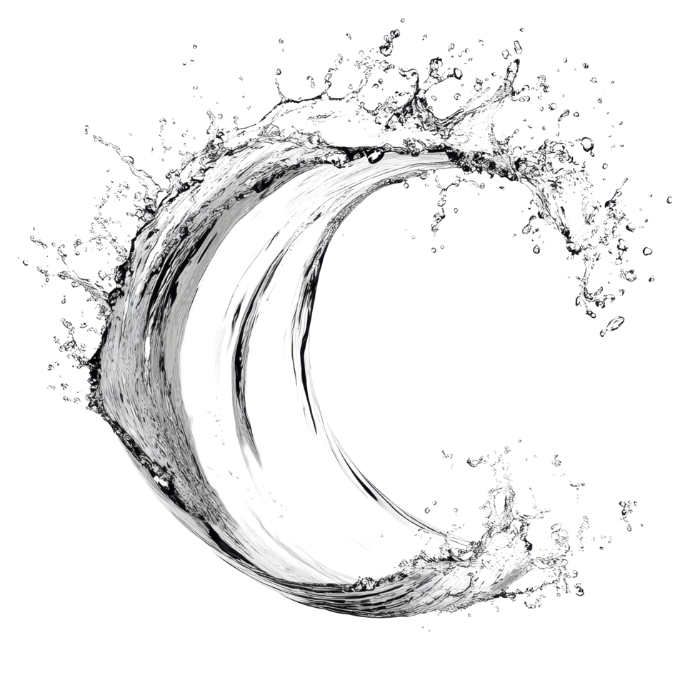Curved water splash creating dynamic wave shape, isolated on transparent background, showcasing movement and fluidity in nature, Curve water splash isolated Stock Illustration png
