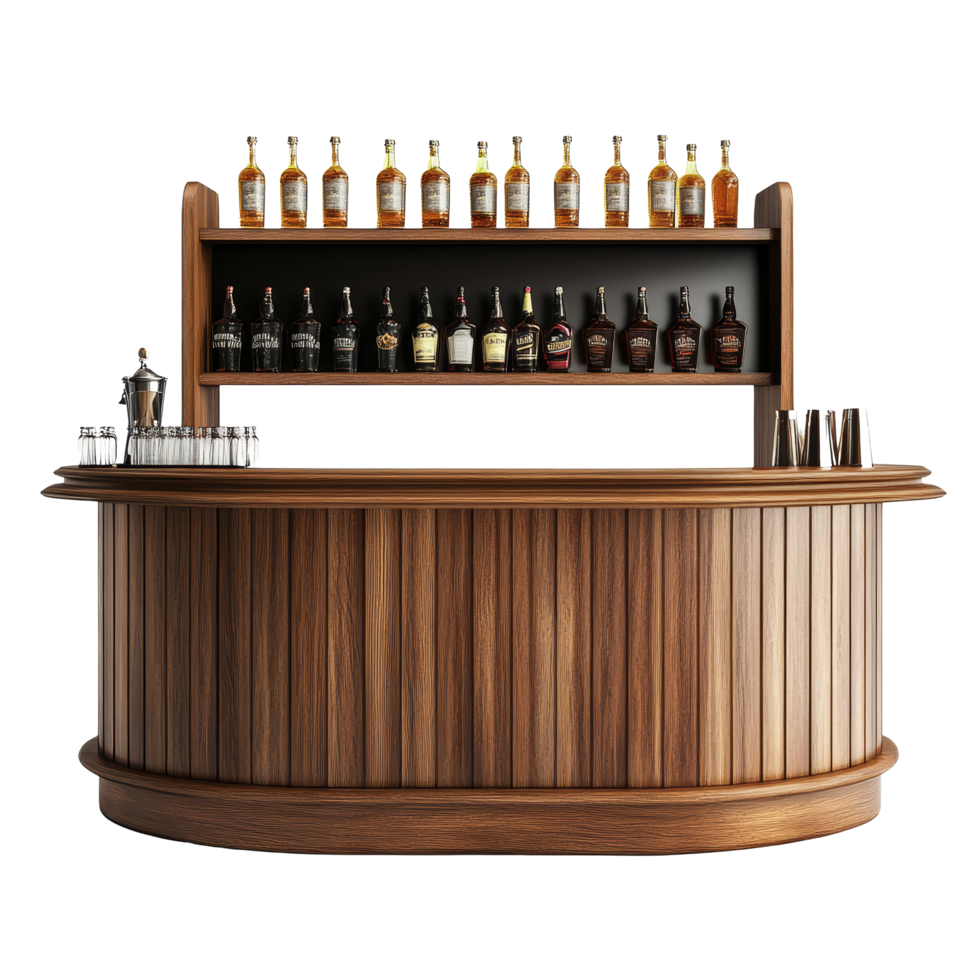 Elegant wooden bar counter with topshelf bottles isolated on a transparent background, Bar counter isolated on transparent background png