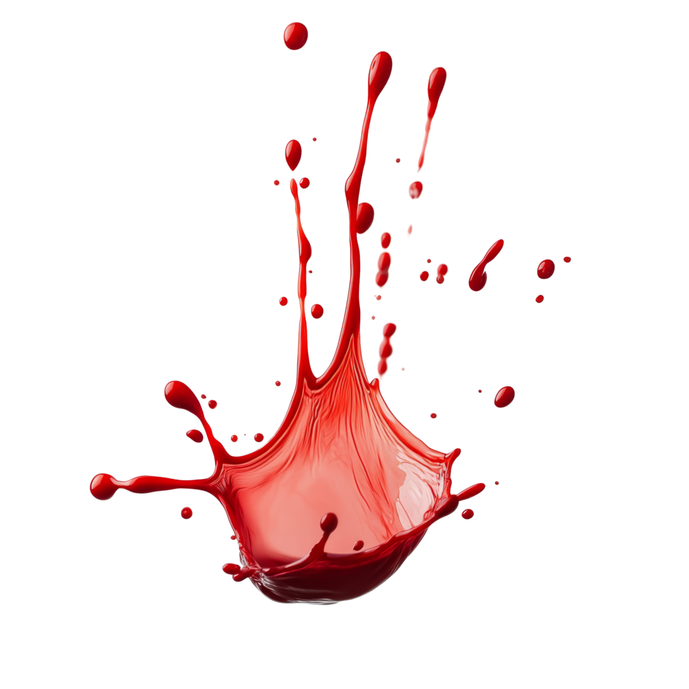 A vivid splash of red liquid creating dynamic patterns against a stark transparent background, Splash of blood on transparent background png