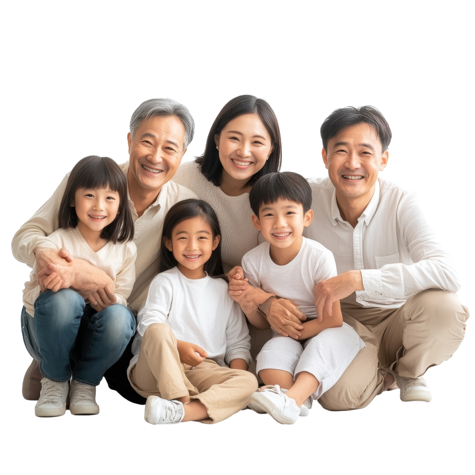 Joyful Asian family sharing happiness together in a bright studio setting with smiles, Joyful Asian Family Sharing Happiness Together in a Group Photo. isolated on transparent background format. png
