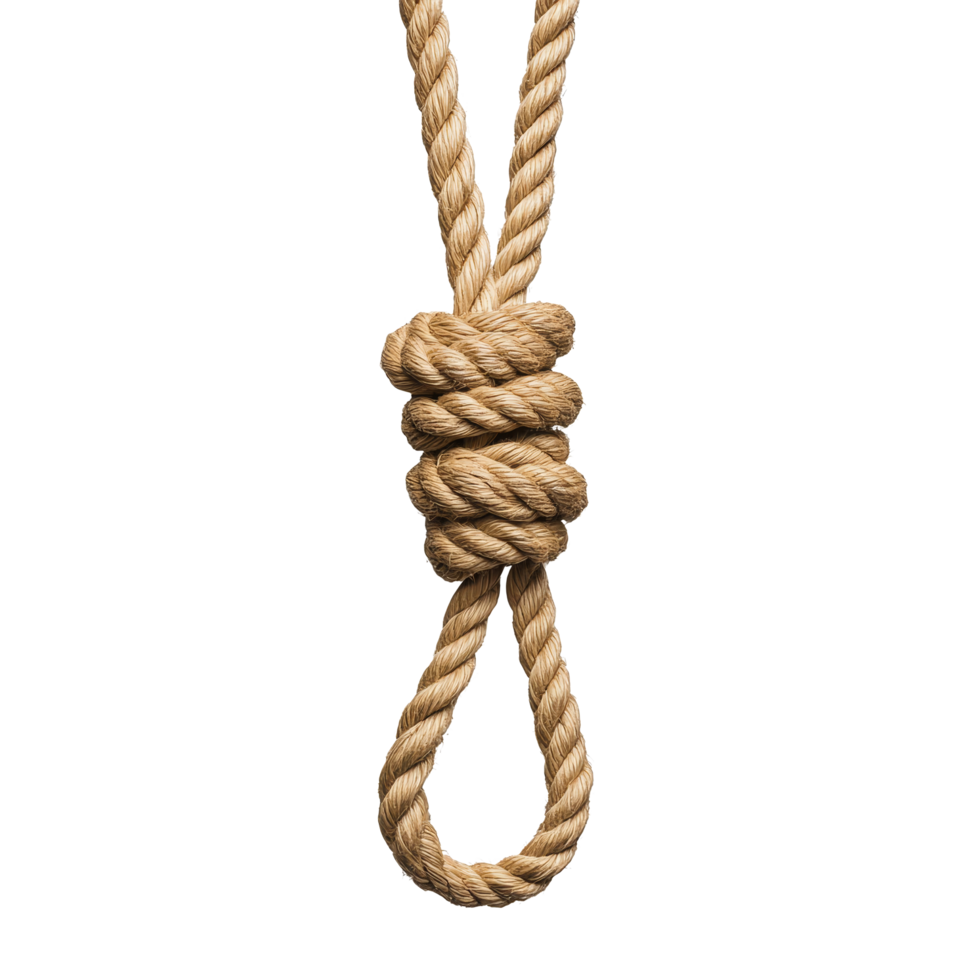 An intricately knotted hanging rope isolated on a clean transparent background for versatile use in various projects, Knotted Hanging Rope Isolated on transparent background Suicide concept png