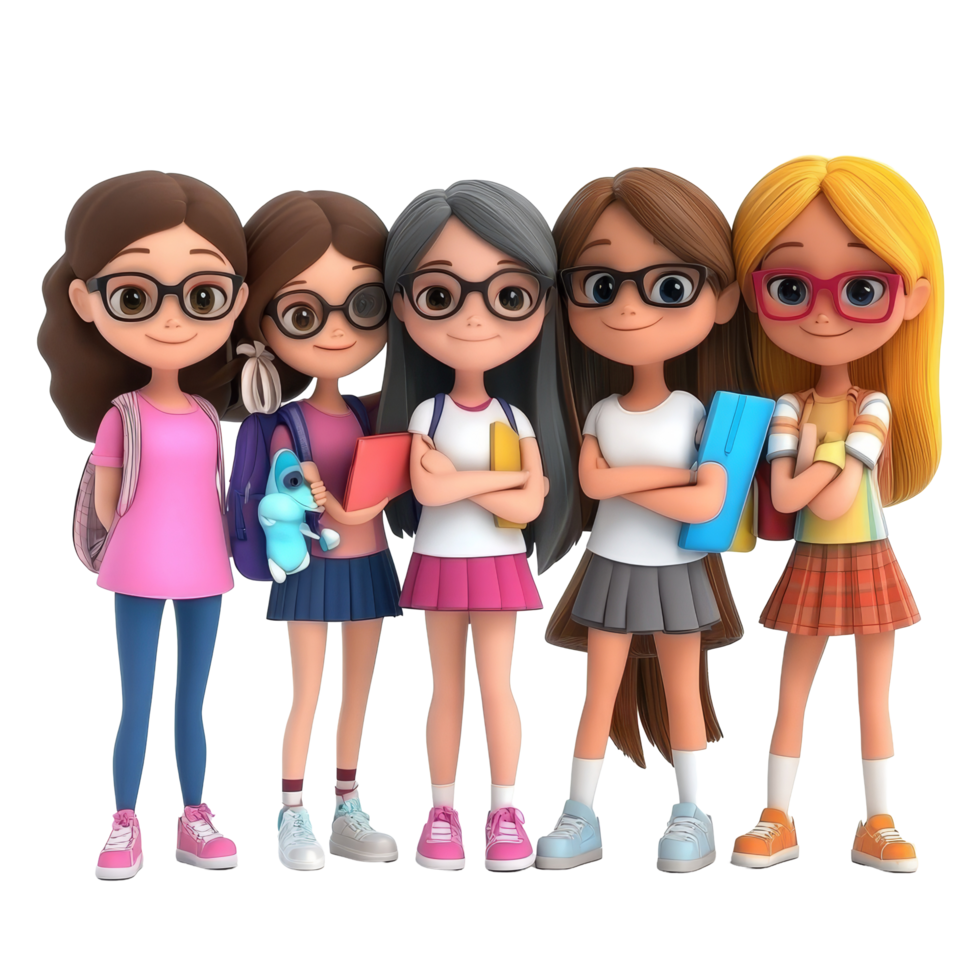 A fun group of cartoon student girls with glasses posing together in casual outfits on a transparent background, Student Girls 3D Cartoon Character Group on transparent background png