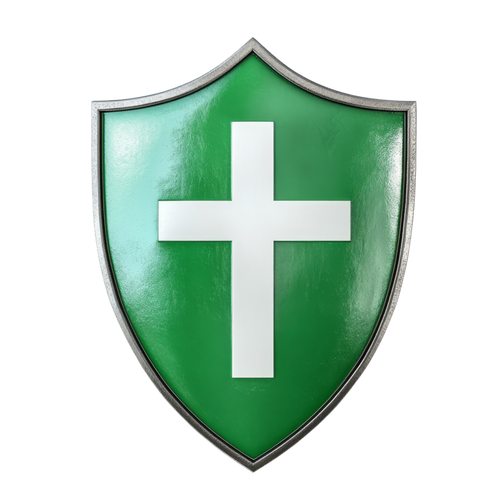 Green shield with transparent cross symbolizing protection and peace, suitable for various contexts and interpretations, green shield with transparent cross icon 3d isolated on transparent background png