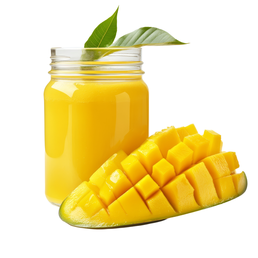 Refreshing sweet mango juice in a glass jar with fresh mango slices, set against a clean transparent background, Sweet mango juice in a glass jar on a transparent background png