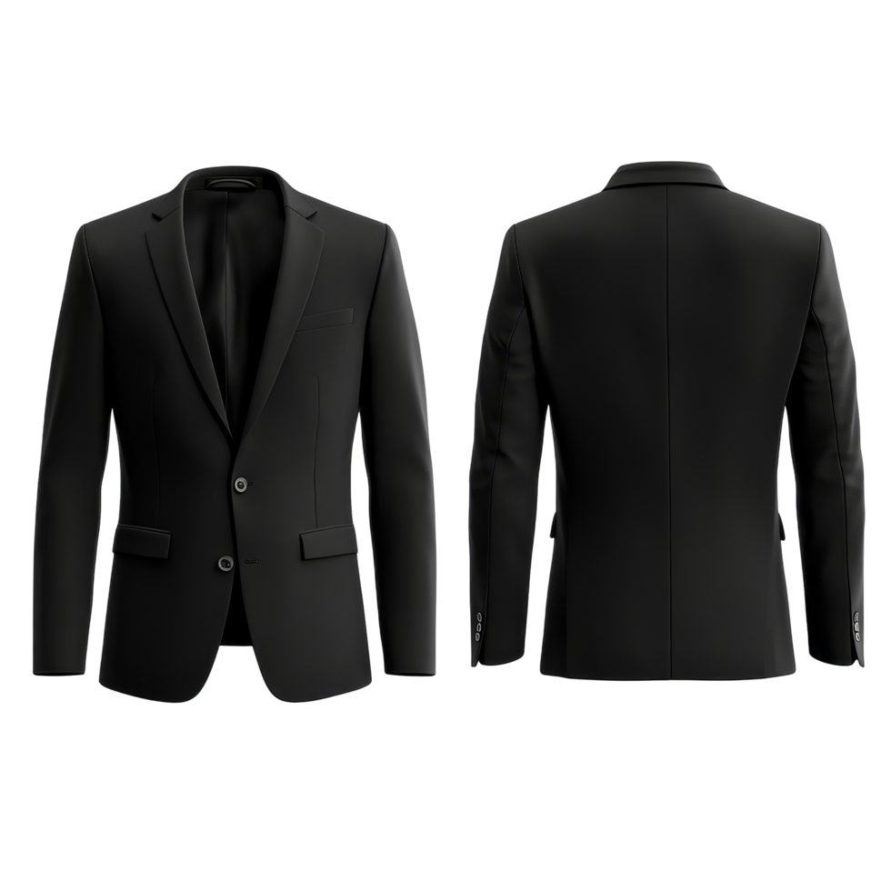 Elegant black suit jacket mockup showcasing front and back views for design presentation and fashion displays, Elegant Black Suit Jacket Mockup from Front and Back Views on transparent background png