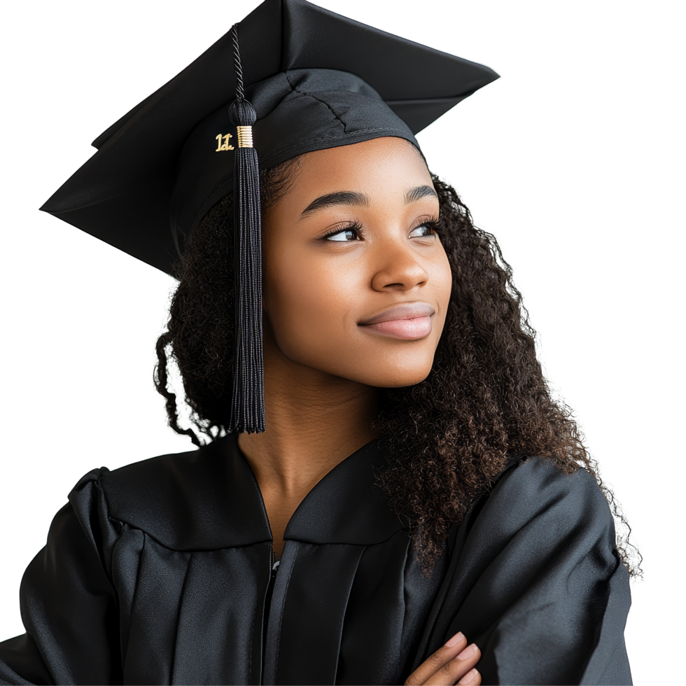 Black female graduate wearing cap and gown poses confidently against a light transparent backdrop, Black Female Graduate in Cap and Gown on transparent background png