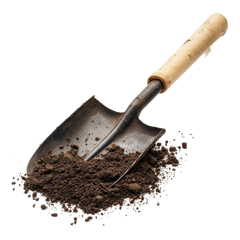 A metal shovel with a wooden handle resting on a transparent background, covered in rich, dark soil, Shovel or spade, rake on transparent background png