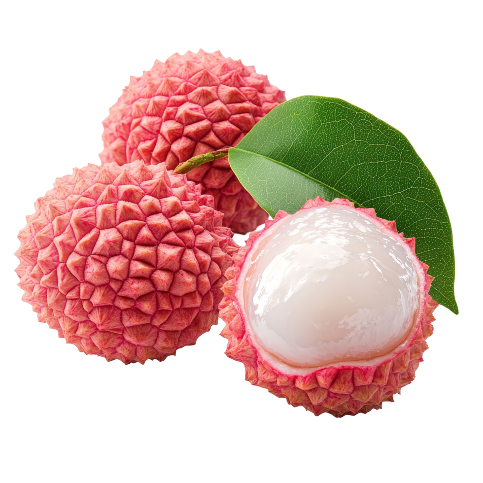 Fresh ripe lychee with vibrant pink skin and translucent flesh set against a clean transparent background, ripe lychee isolated on transparent background png