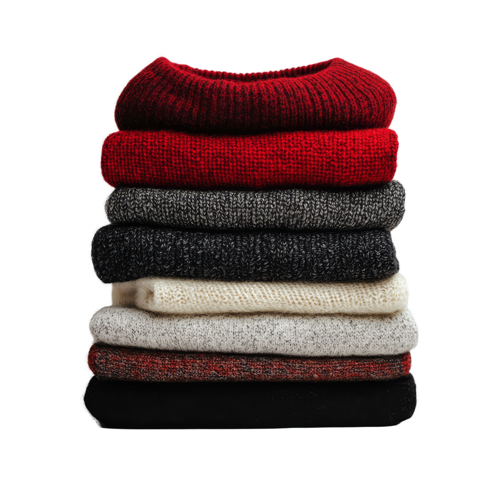 A cozy stack of colorful sweaters arranged neatly on a transparent background ideal for winter fashion inspiration, sweaters stacked group on transparent background png