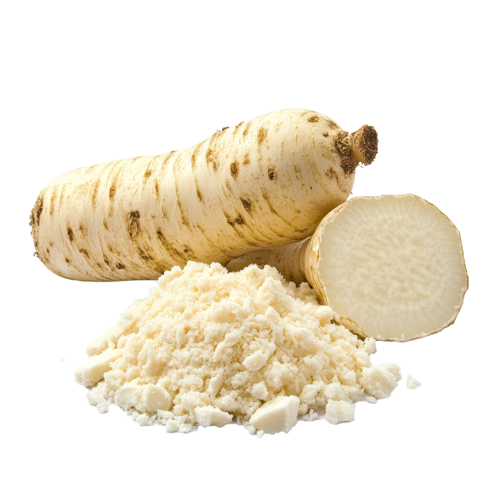 Fresh horseradish root beside grated horseradish on a transparent background for culinary use, Horseradish transparent background png