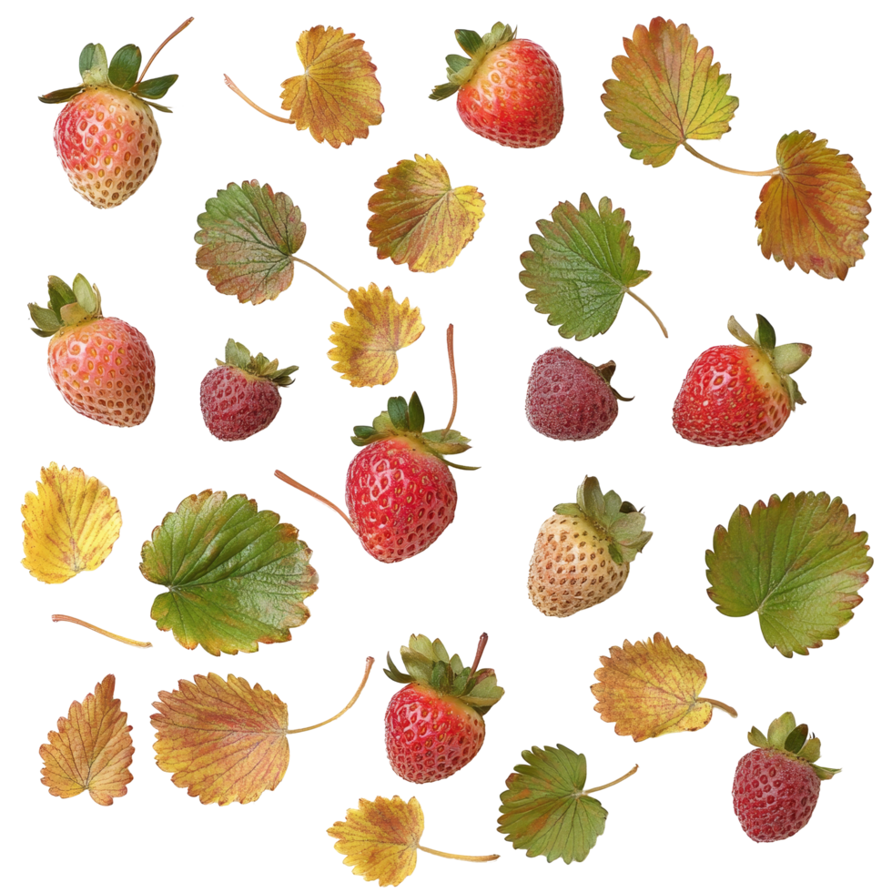 Fresh strawberry leaves and ripe berries arranged artistically on a clean transparent background, showcasing natures beauty, Strawberry leaves on transparent background png