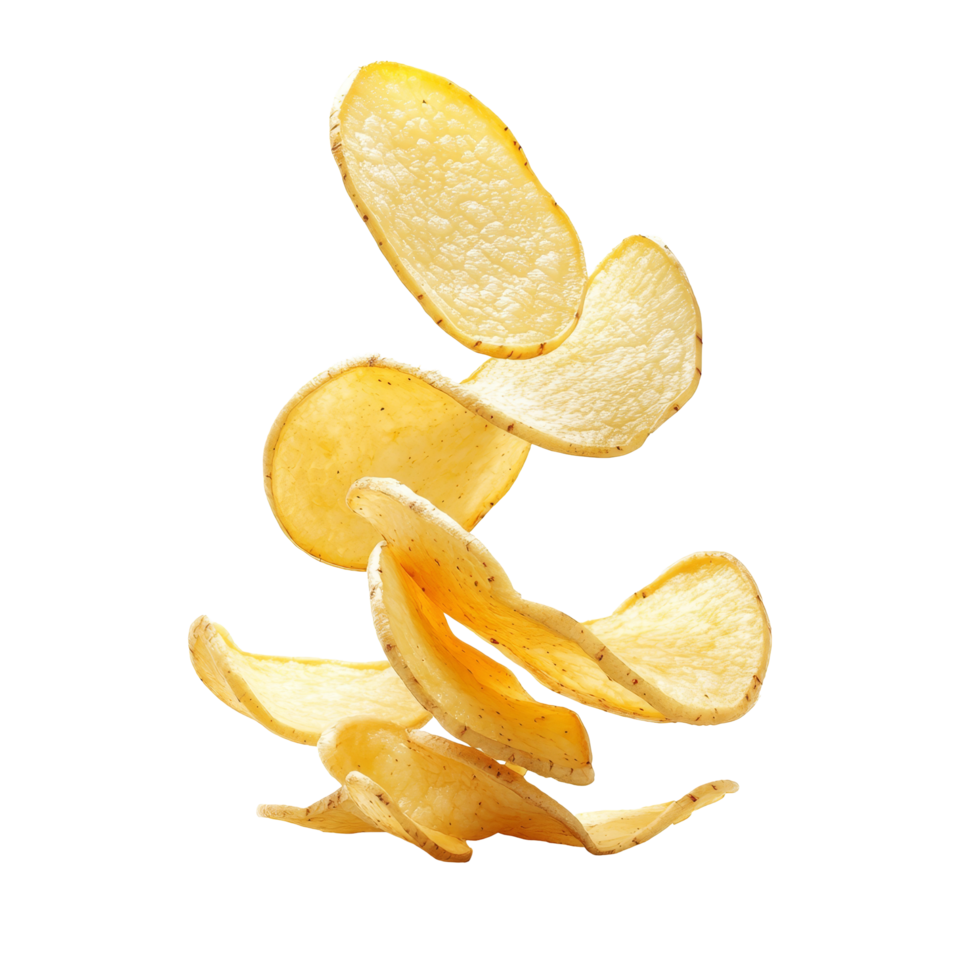 Sliced potato transforming into crispy chips against a clear background, showcasing texture and flavor in culinary art, Cut potato turning into potato chips isolated png