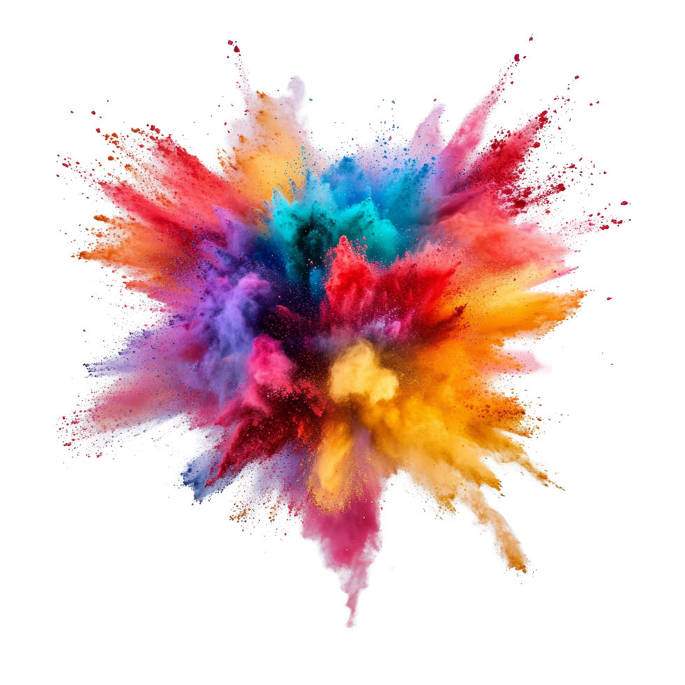 Colorful powder explosions create vibrant patterns on a transparent background during a playful celebration in hues, Colorful Powder Explosions on transparent background png