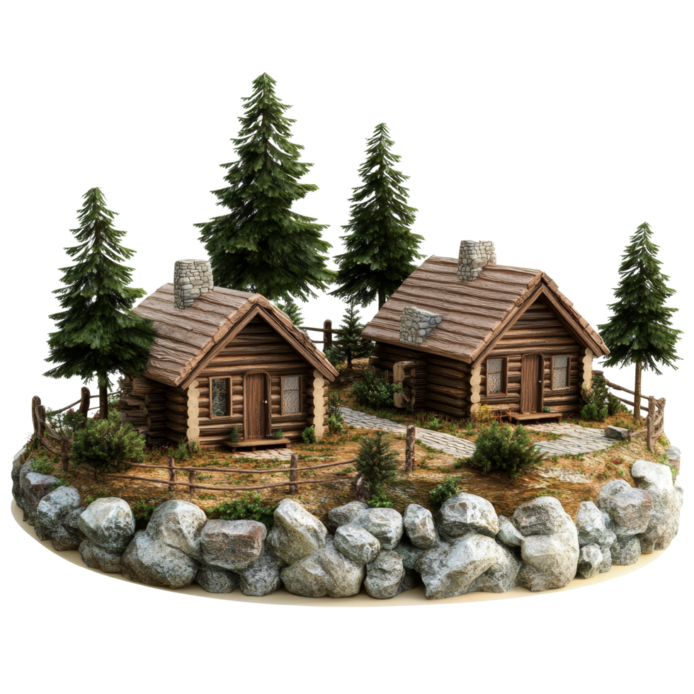 Charming rustic log cabins nestled among tall trees and boulders on a transparent transparent landscape, 3D Rustic Log Cabins Surrounded by Nature on transparent background png