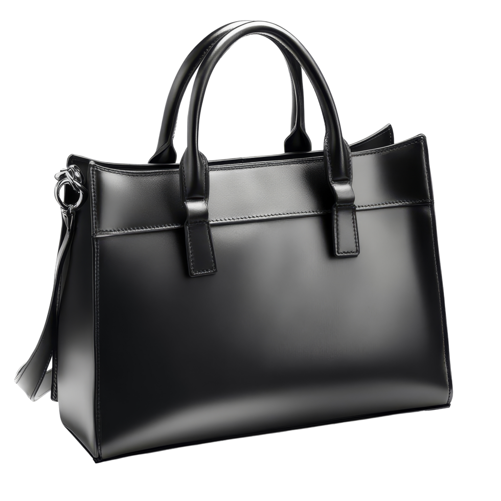 Stylish black leather womens handbag with a sleek design, perfect for daily use or special occasions, casual black leather women bag, file of isolated object with shadow on transparent background png