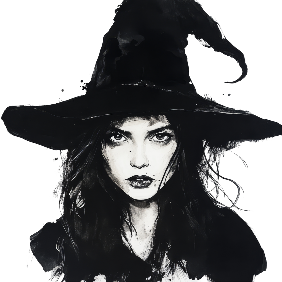 A striking portrait of a witch with a pointed hat and mysterious expression against a transparent background, Witch on transparent background png