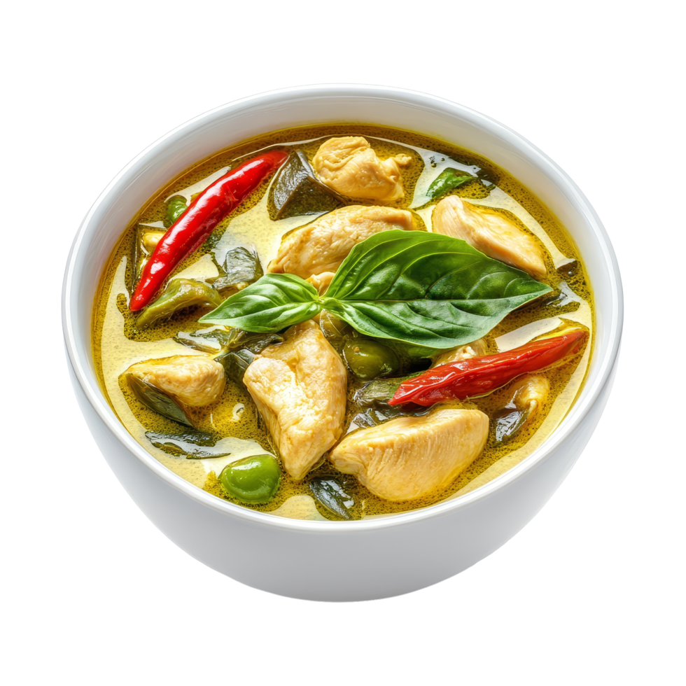 Delicious Thai chicken green curry served in a transparent bowl with fresh basil and red chilies, Thai food chicken green curry in the transparent bolw on transparent background png