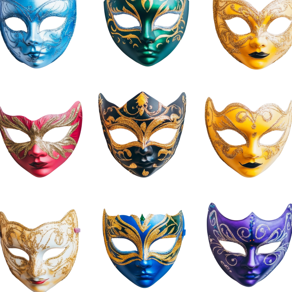 Colorful festive masks arranged artistically on a transparent background for a vibrant celebration or carnival event, Colorful Festive Masks on transparent background png