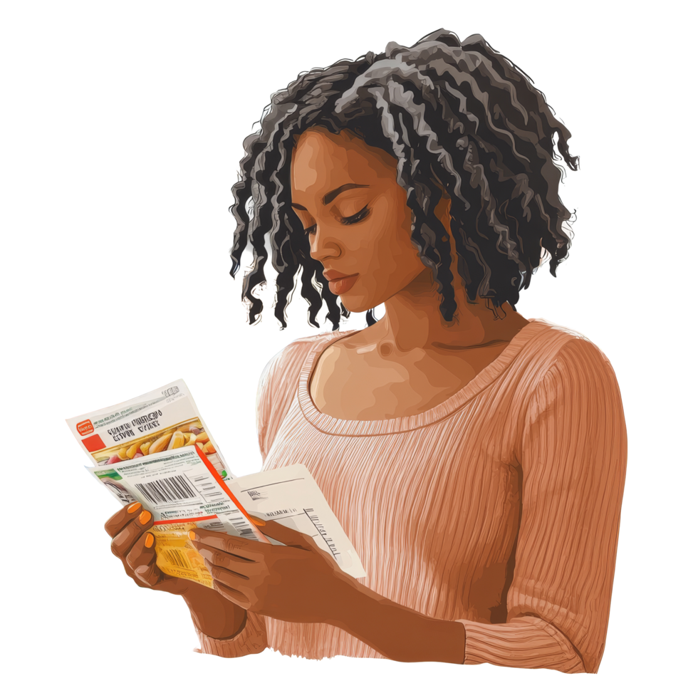 Woman examining a grocery receipt while shopping in a supermarket on a busy afternoon, file no background Woman checking a grocery receipt png